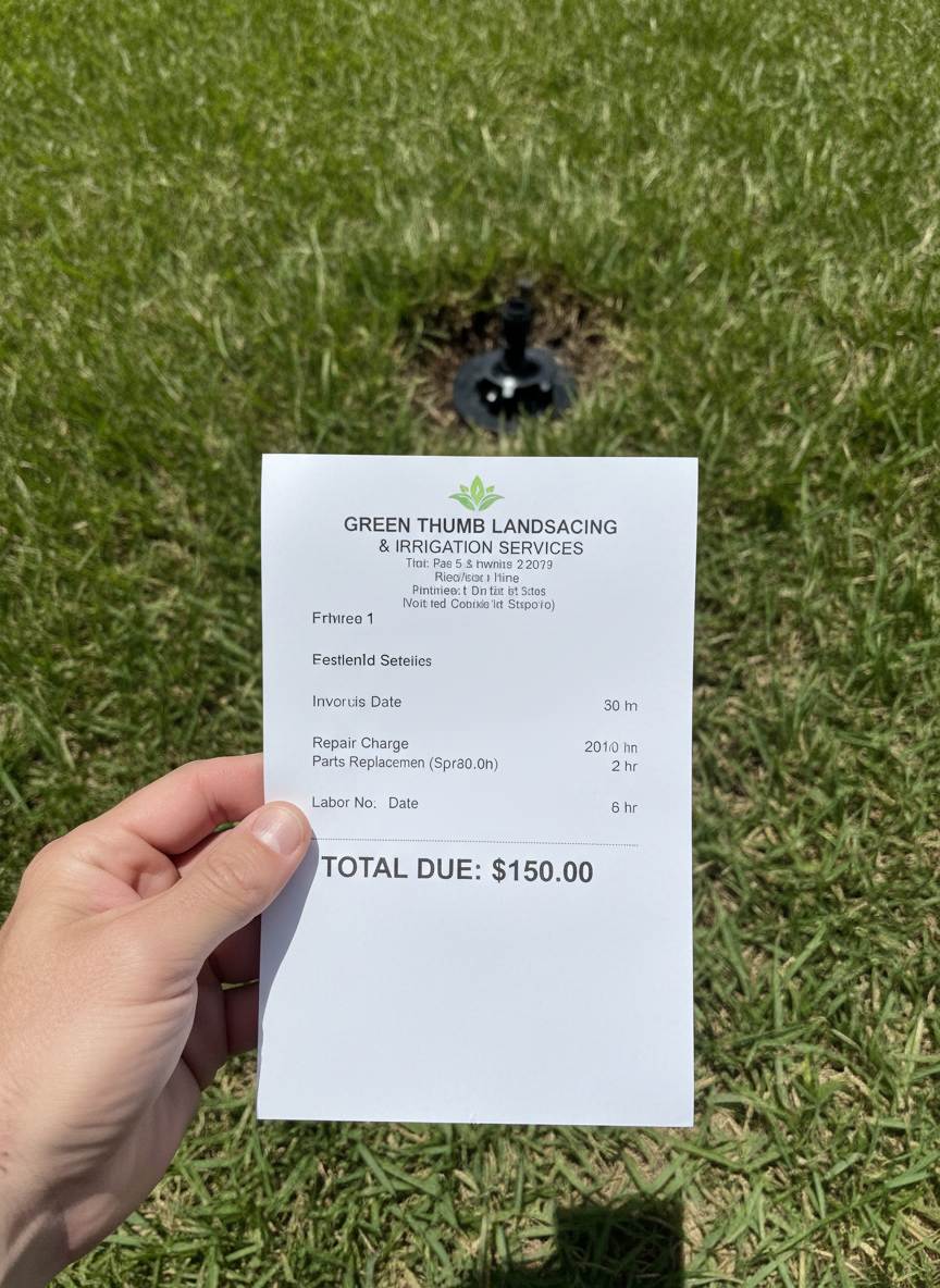 Homeowner holding a $150 sprinkler repair invoice