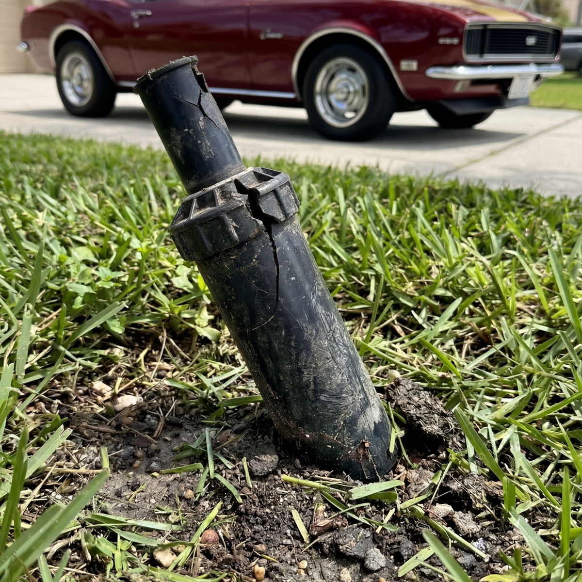 Real broken sprinkler head snapped off at ground level