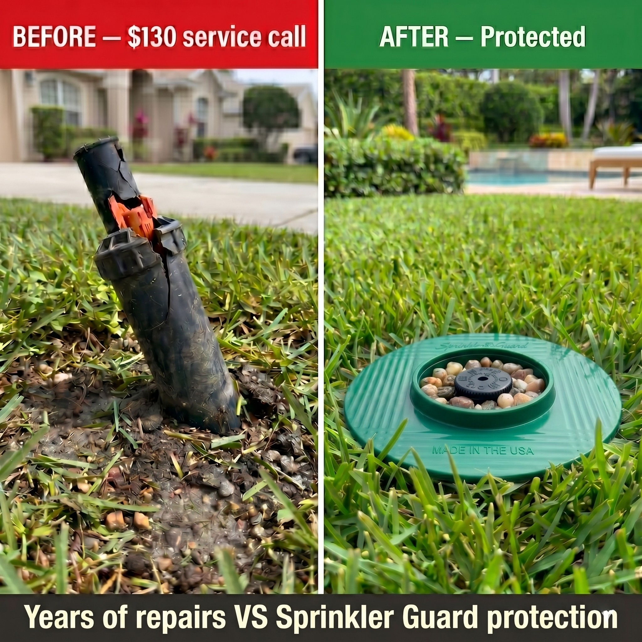 Before vs after — broken sprinkler head requiring service call vs Sprinkler-Guard protected head