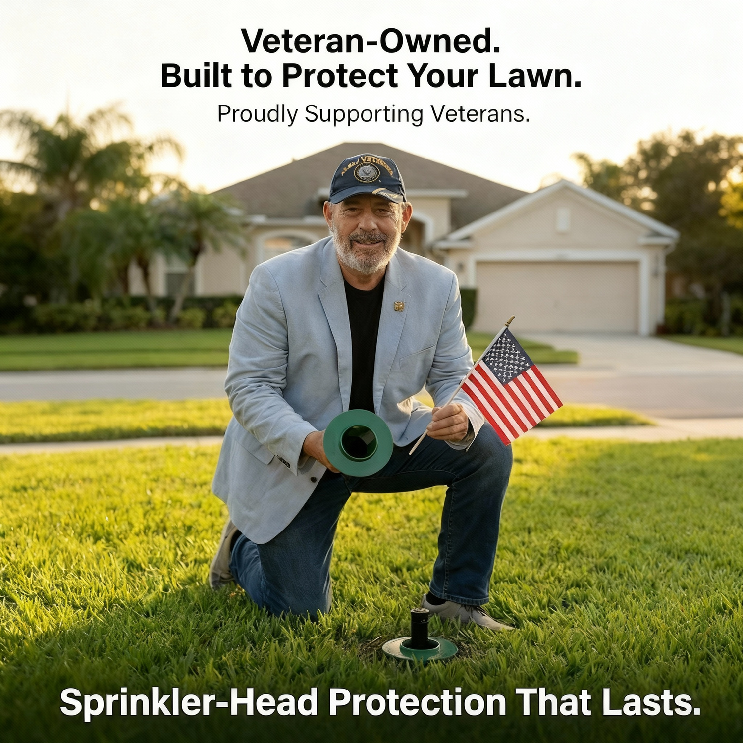 Veteran-owned — founder holding Sprinkler-Guard and US flag on his Florida lawn