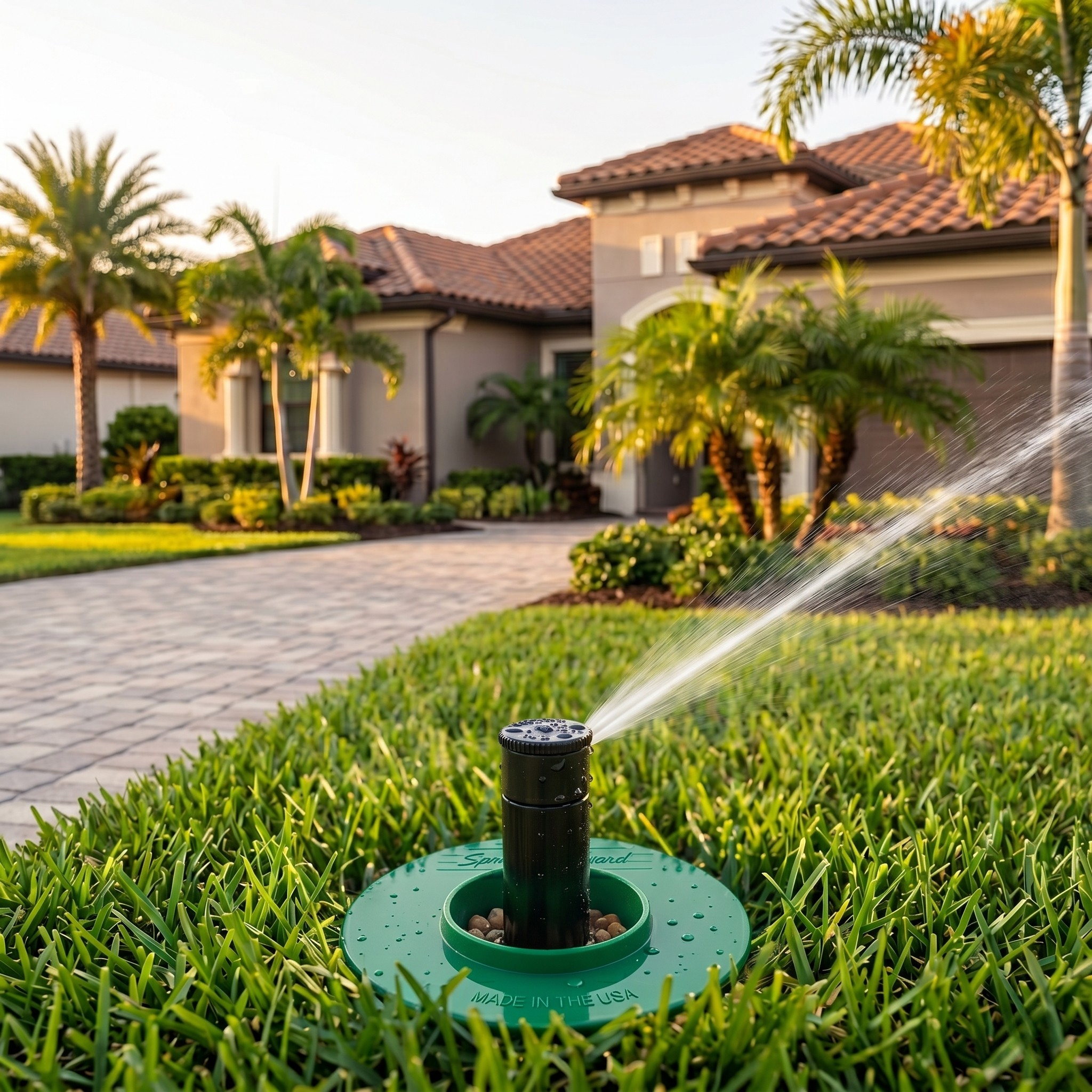 Sprinkler firing through guard on beautiful lawn