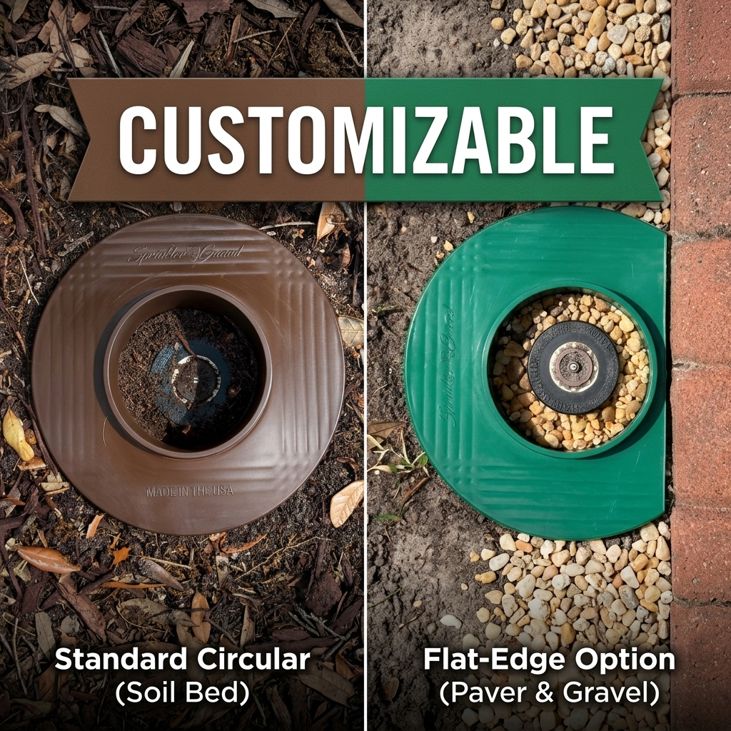 Customizable Sprinkler-Guard: Standard Circular for soil beds and Flat-Edge for pavers and gravel