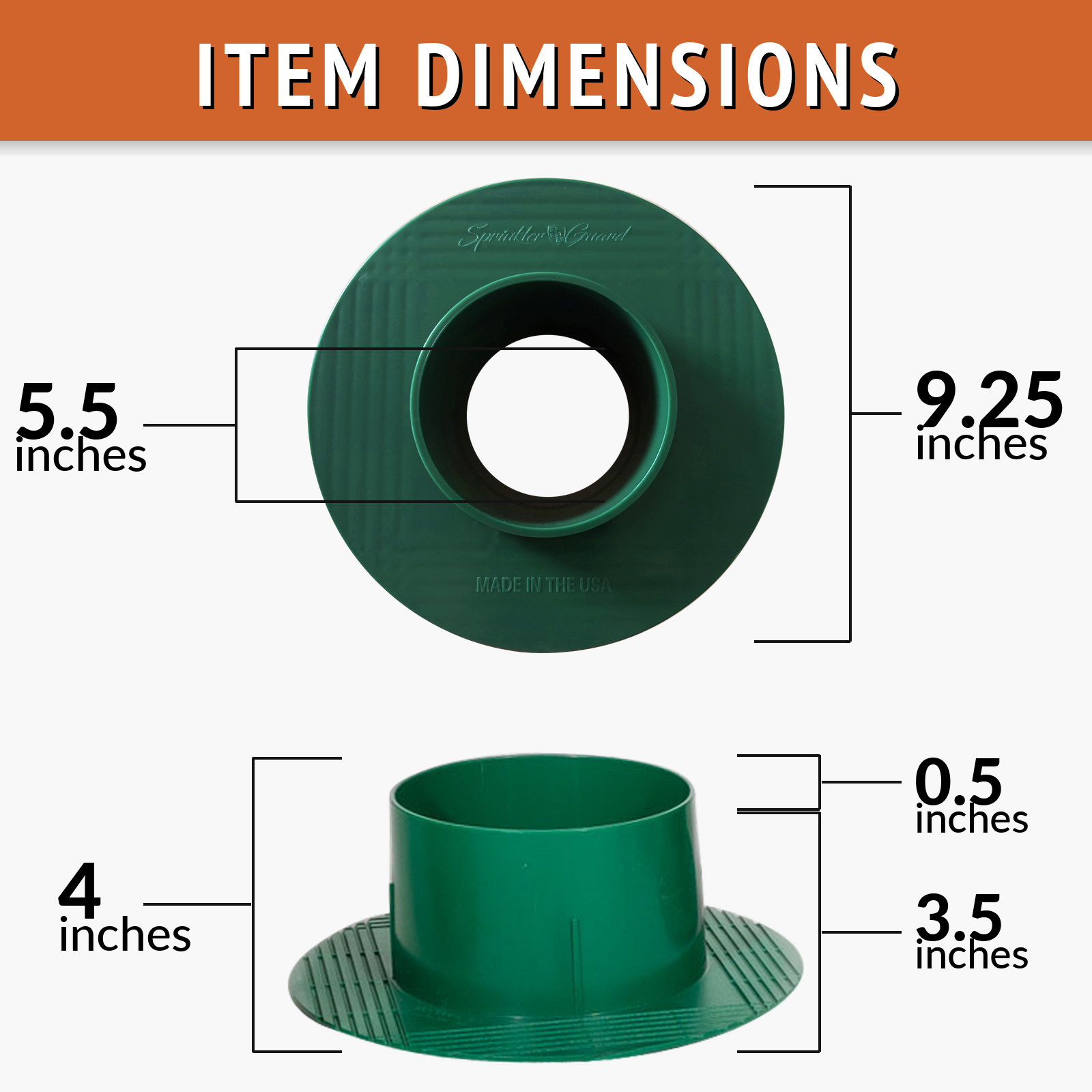 Sprinkler-Guard 5-Inch dimensions: 9.25 inch outer, 5.5 inch inner, 4 inch height