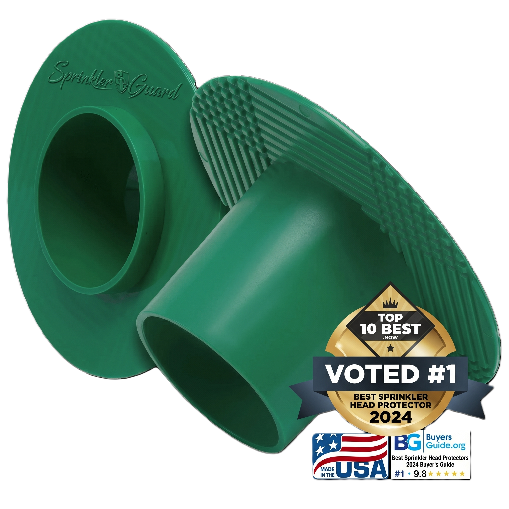 Sprinkler-Guard product photo: green flexible protector with logo and Made in USA badge